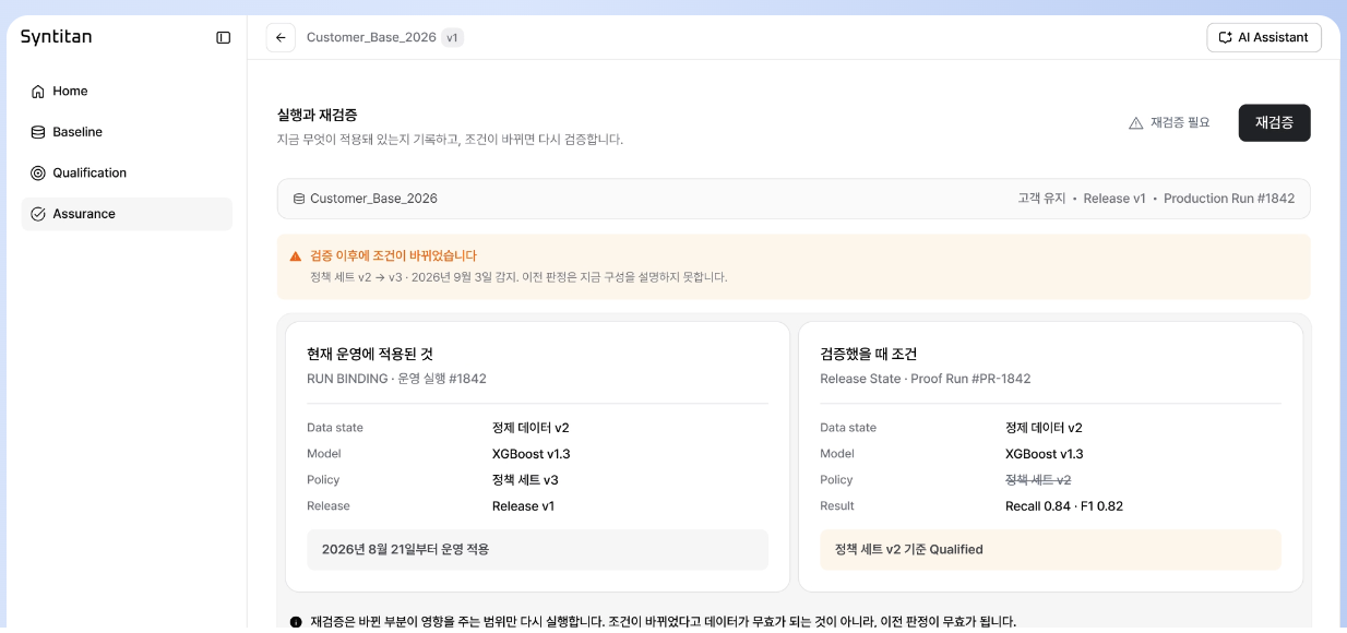 Syntitan Run Binding. 지금 운영에 적용된 조건과 검증했을 때의 조건을 나란히 놓고, 달라진 항목을 표시합니다.