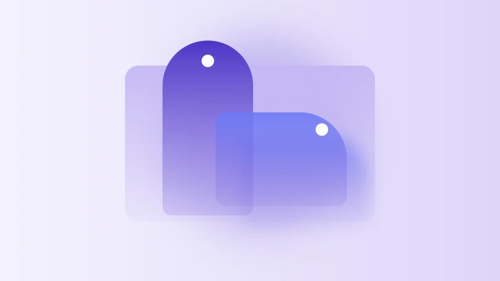 Two translucent pattern shapes overlapping on one shared base sheet, in purple and blue gradients