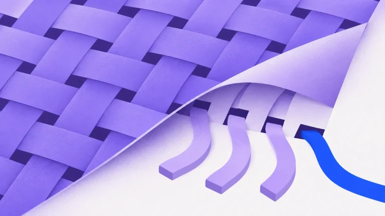 A woven purple sheet curls back to reveal loose strands underneath, with one blue strand running out from under the finished surface.