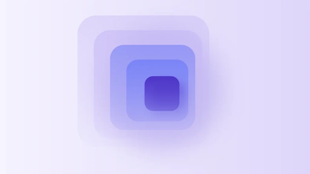 Five nested translucent rounded squares stepping inward to a deep purple core