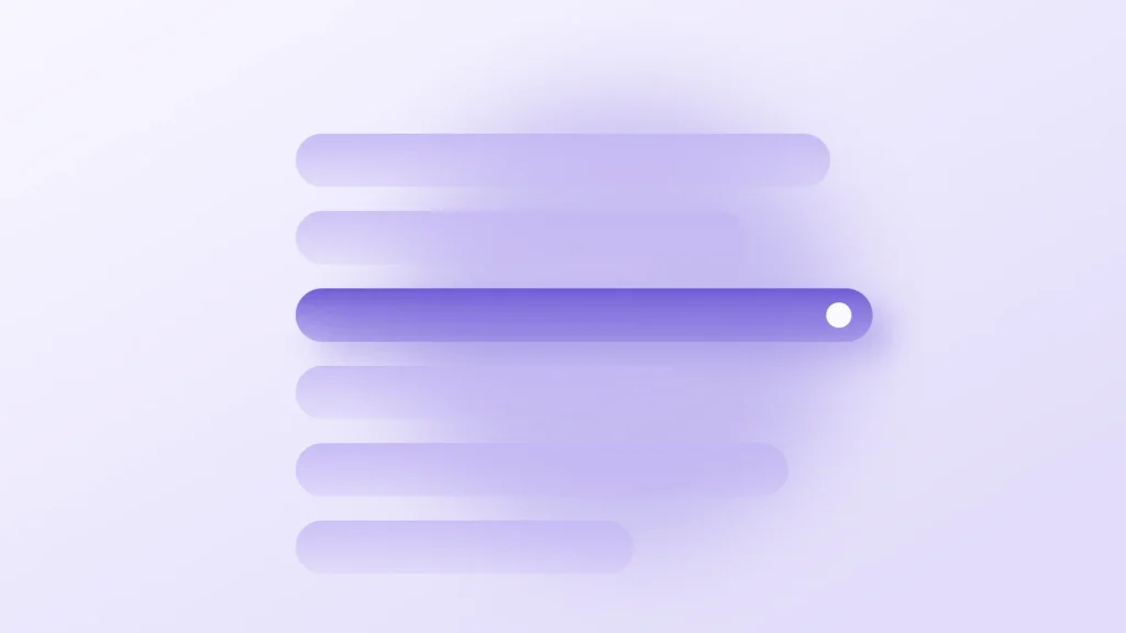 Six translucent pill bars stacked on a lavender background, with one deep violet bar highlighted by a white dot