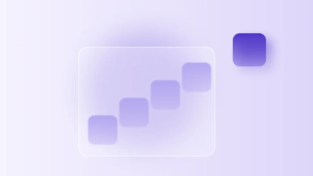 Four lavender tiles stepping upward behind a frosted window, with one deep purple tile outside it
