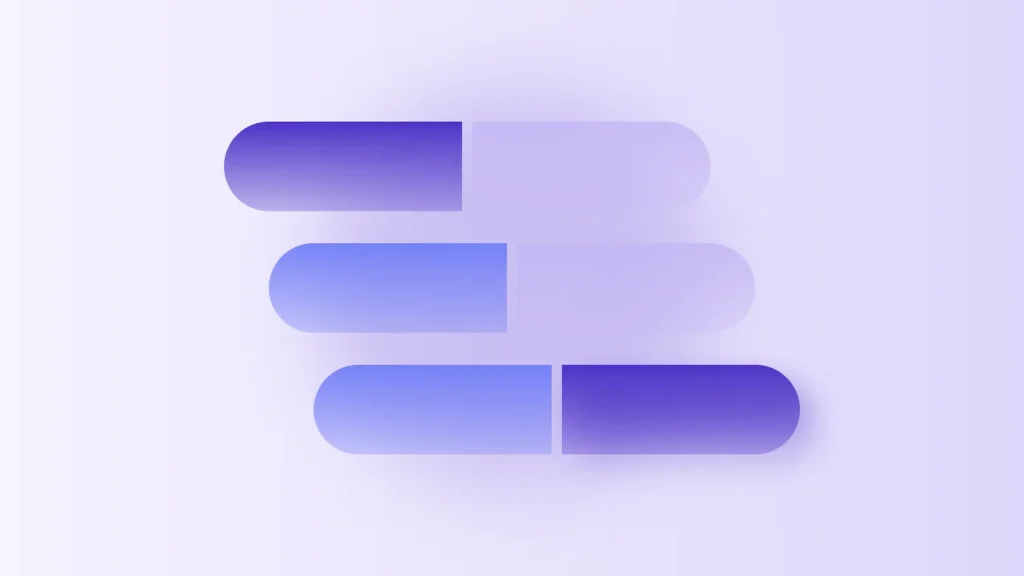 Three staggered pill-shaped bars, each split into a model segment and a data segment, with one segment changing color per row