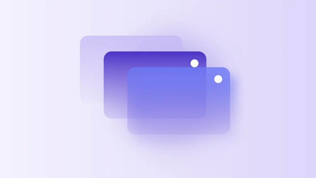 Abstract illustration of three translucent data version cards stacked in sequence, with the middle validated version in deep violet and the newest version in periwinkle