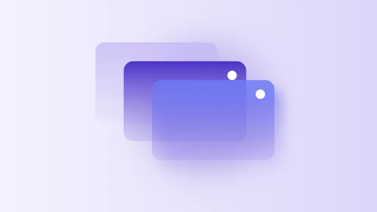 Abstract illustration of three translucent data version cards stacked in sequence, with the middle validated version in deep violet and the newest version in periwinkle