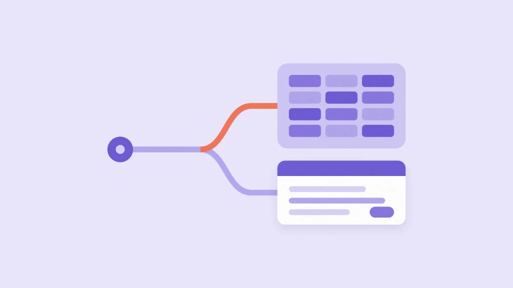 Flat illustration of an agent at a fork, taking a highlighted path to a clean data table while another path leads to a billing record card