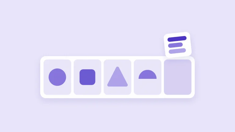 Flat illustration of a five-slot tray: four slots hold different shapes and the last slot is empty, with a card of data rows hovering above it
