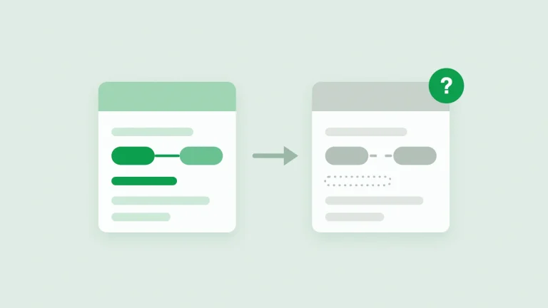 Flat illustration of two document cards: on the left, two distinct green entities linked by a line with an amount bar; on the right, the same entities replaced by identical grey labels with a broken link and an empty amount, under a green question mark