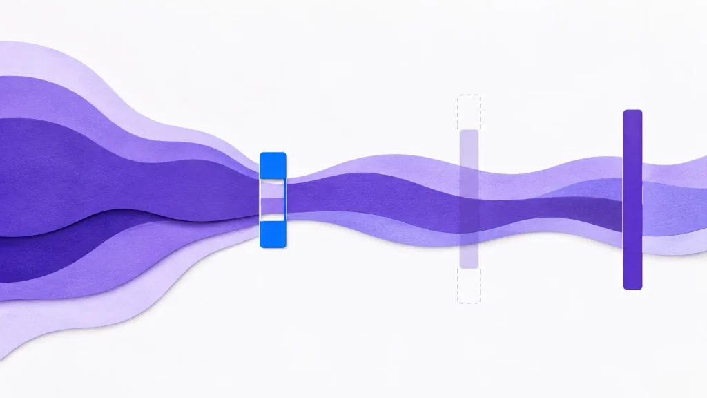 Layered purple bands flow to the right, held by a blue clamp near the start, past a faded dashed marker and a dark purple bar farther along.
