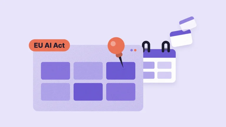 A purple data window pinned in place by a coral pushpin, with a blank calendar pushed back behind it and two calendar pages blowing away, labelled EU AI Act.