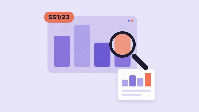 A purple bar chart in a window, where one short bar is topped up with a coral block that a magnifier inspects, beside a small report card, labelled SS1/23.